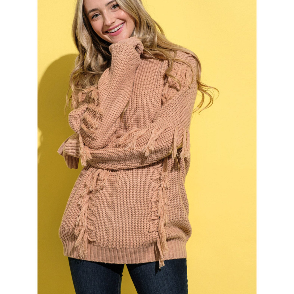 Chunky Fringe Sweater Boho Knit Tan Oversized Size M/L
